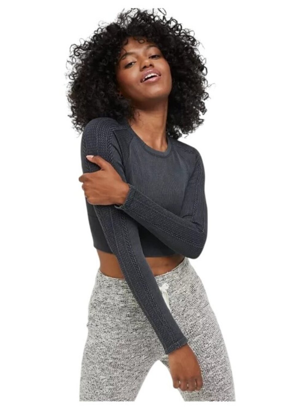 OFFLINE By Aerie Top Small Big Chill Seamless Crewneck Long Sleeve Black Active